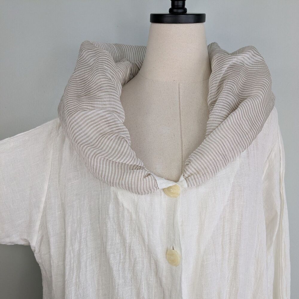 French Linen Top Size L Cream Brown Lagenlook Boho Gauze Neutral Artsy Avant - Picture 5 of 15